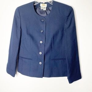 Talbots Navy 100% Pure New Wool Collarless Blazer Jacket Size 4P